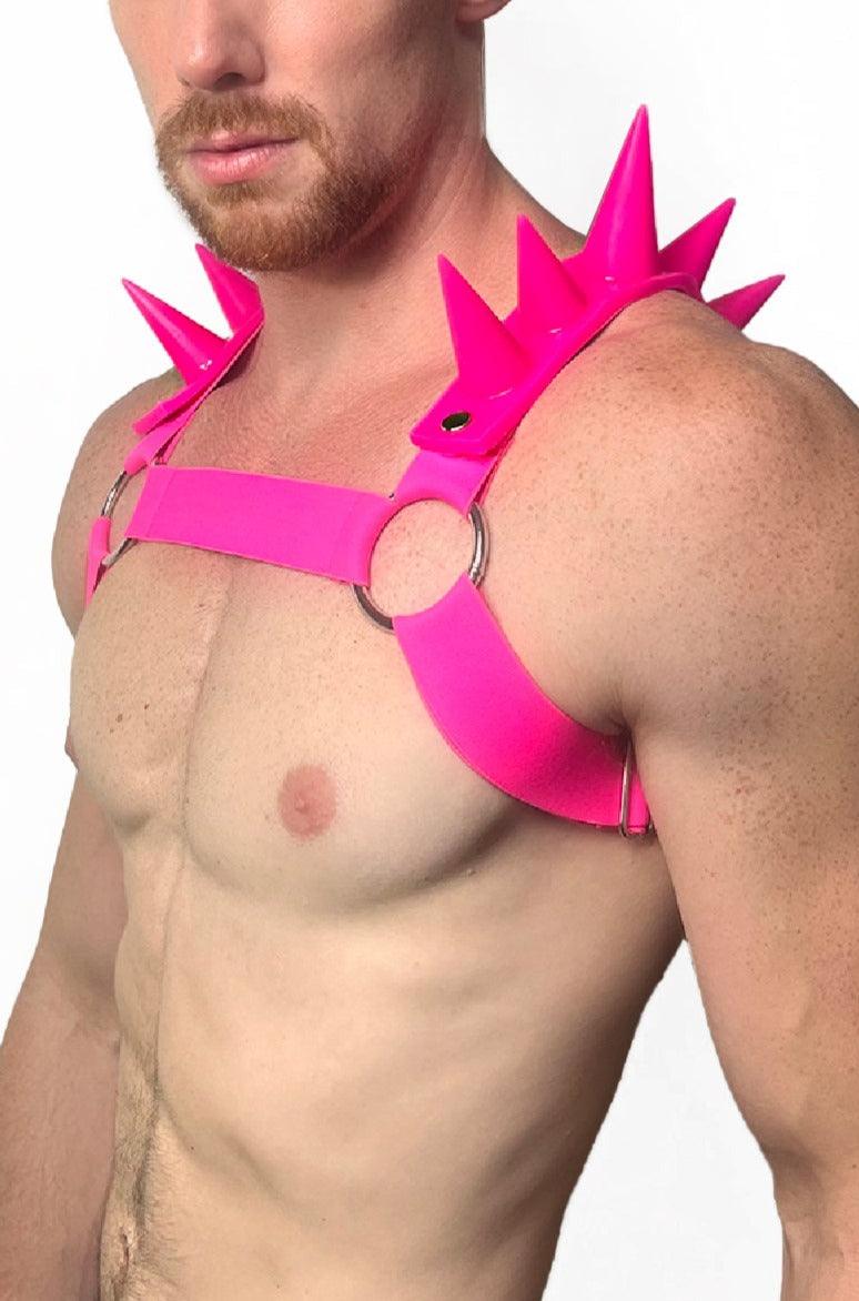 SPIKED BULLDOG HARNESS | NEON PINK