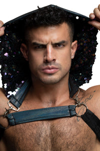black sequin harness with hood for festival rave circuit party